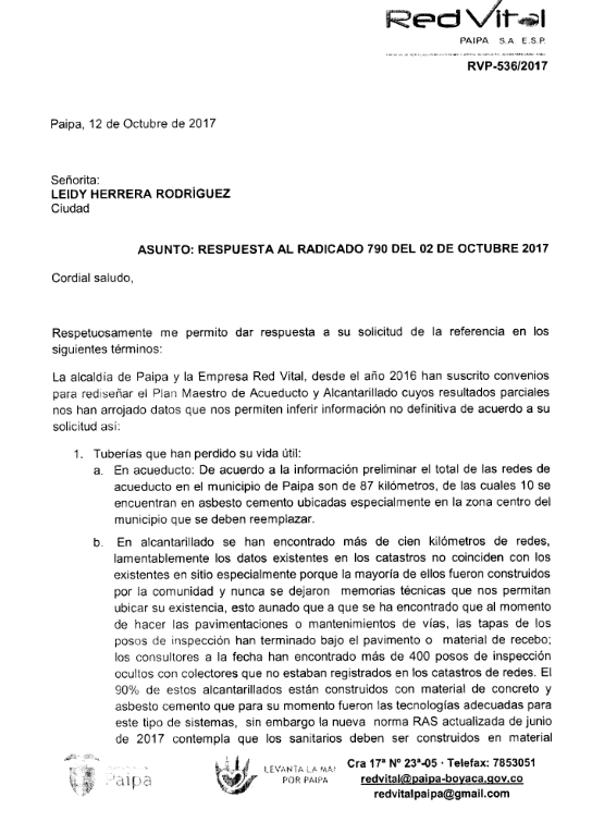 Respuesta a derecho de petición Red Vital Paipa