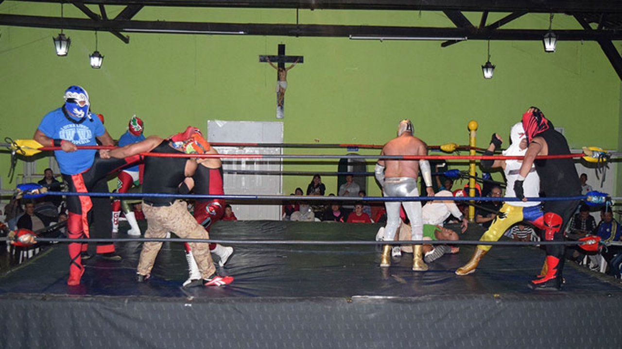 Batalla campal en la Arena San Fernando|El Castigador pide apoyo del público|Luchador parado en la segunda cuerda|Serket La Diosa vuela desde la tercera cuerda|El Cuervo ataca otro luchador|El Castigador en el ring|El Cuervo|El ring de la Arena San Fernando|Maniobra aplicada por Gemelo Halcón II|||