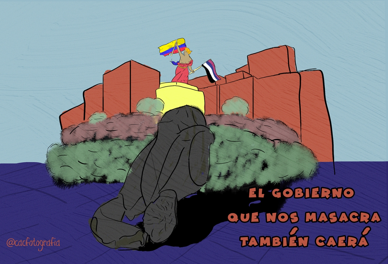 Viñeta sobre la estatua derribada en la Plazoleta del Rosario|||