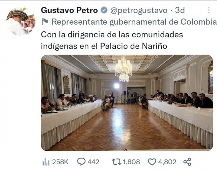 Comunidades ind&iacute;genas se re&uacute;nen con Gustavo Petro tras declarase en asamblea permanente