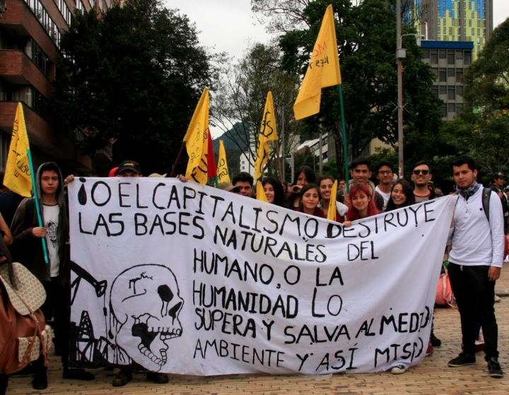 Los grupos de j&oacute;venes llevaban todo tipo de banderas y pancartas para la protesta. Foto: Jessica Zapata