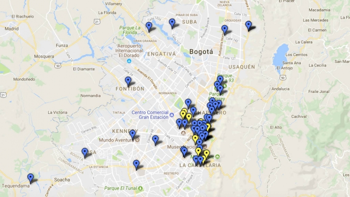 Mapeo de colectivos feministas en Bogot&aacute; filtrado por fechas. Cr&eacute;dito: Google Fusion Tables.