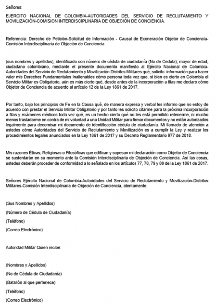 Plantilla del documento de objeci&oacute;n de conciencia, Defina Legal SAS