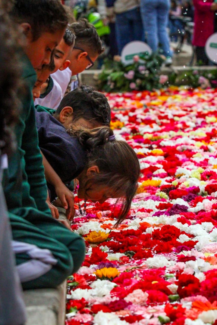 Ni&ntilde;a se inclina para poder apreciar las flores de la mejor manera